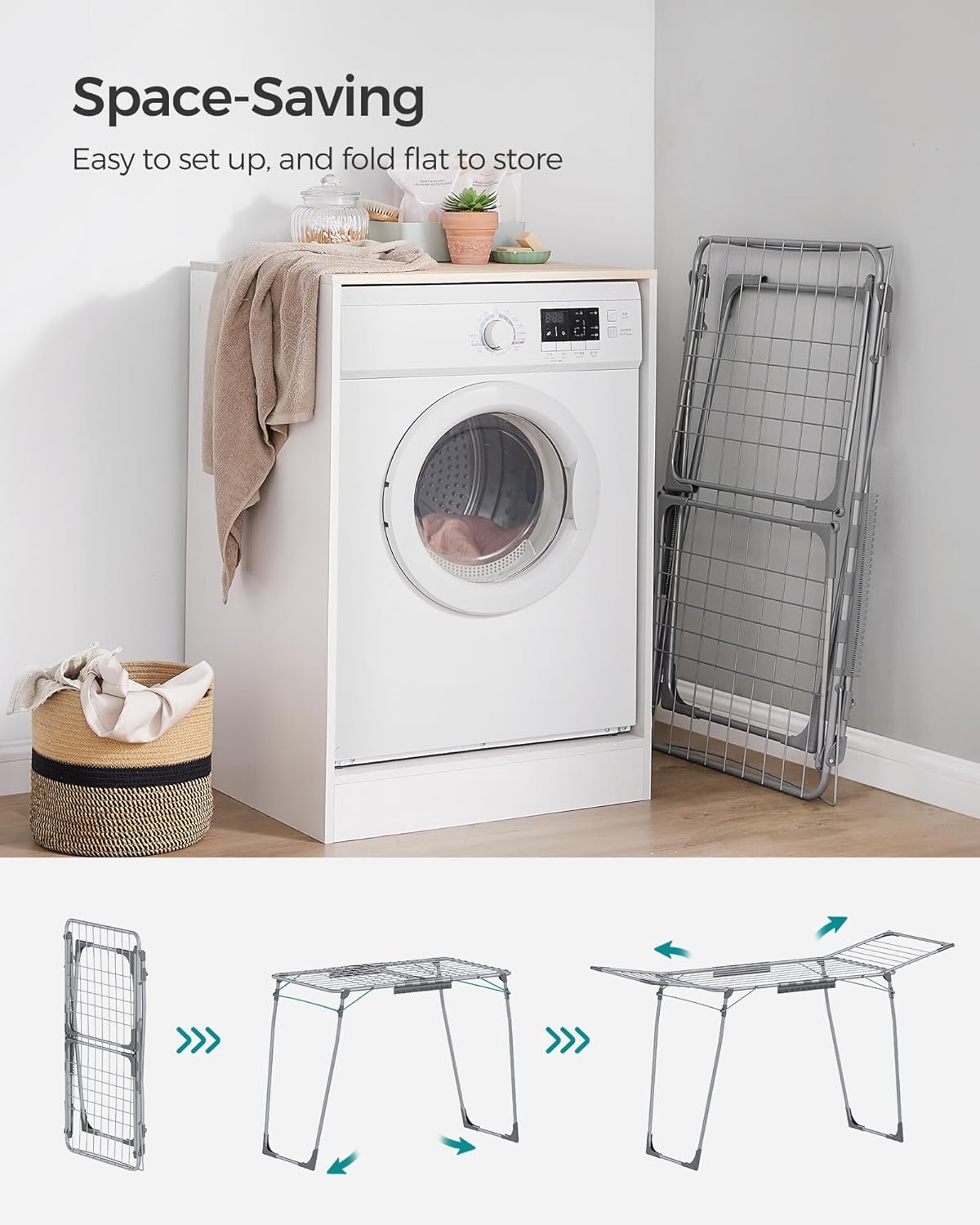 SONGMICS Clothes Drying Rack Foldable, Gullwing Laundry Drying Rack, Space-Saving, 22.2 x 68.1 x 38
