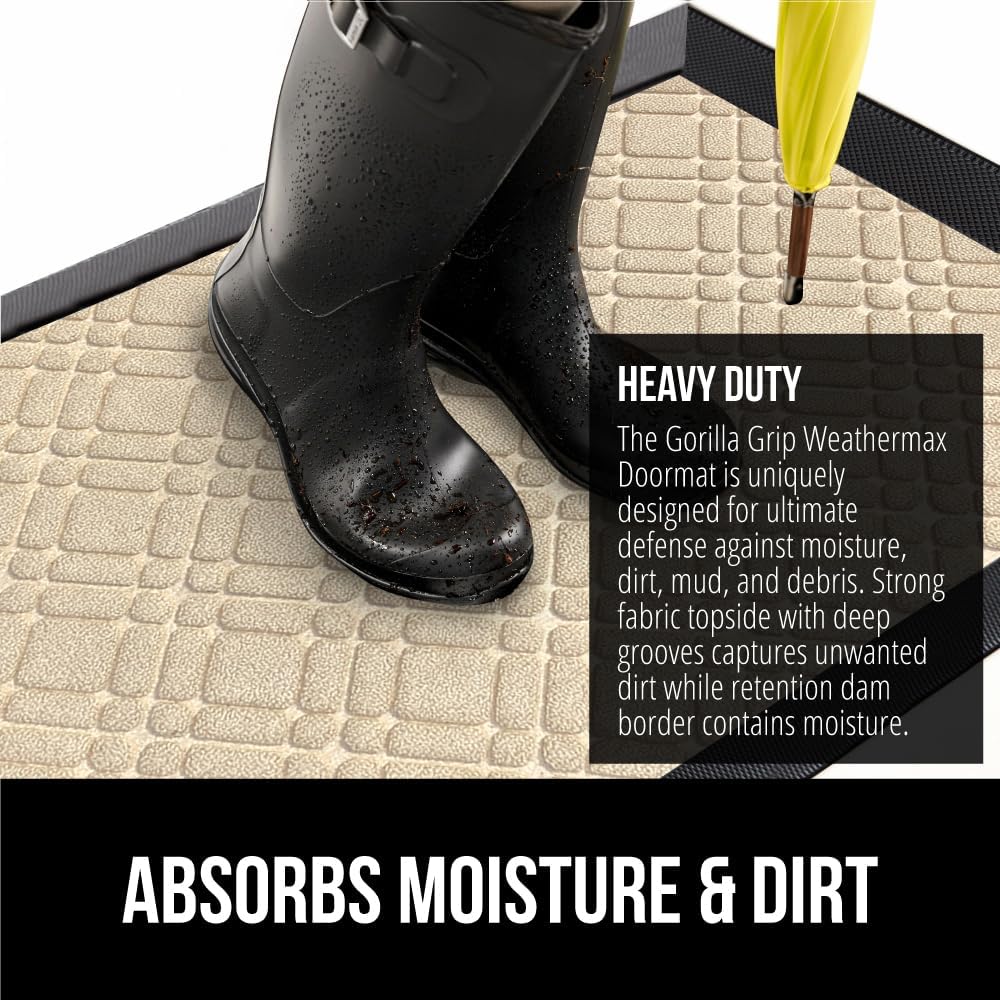 GORILLA GRIP 100% Waterproof All-Season WeatherMax Doormat 35x23, US Designed Natural Rubber, Stain