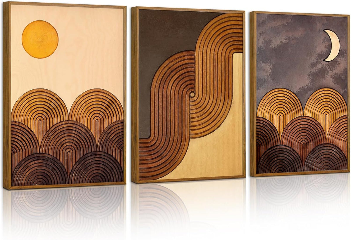 Tinonedraw Boho Mountain Framed Canvas Wall Art Set, Mid Century Modern Geometric Line Wall Decor