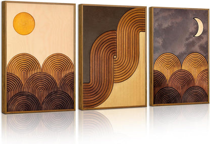 Tinonedraw Boho Mountain Framed Canvas Wall Art Set, Mid Century Modern Geometric Line Wall Decor