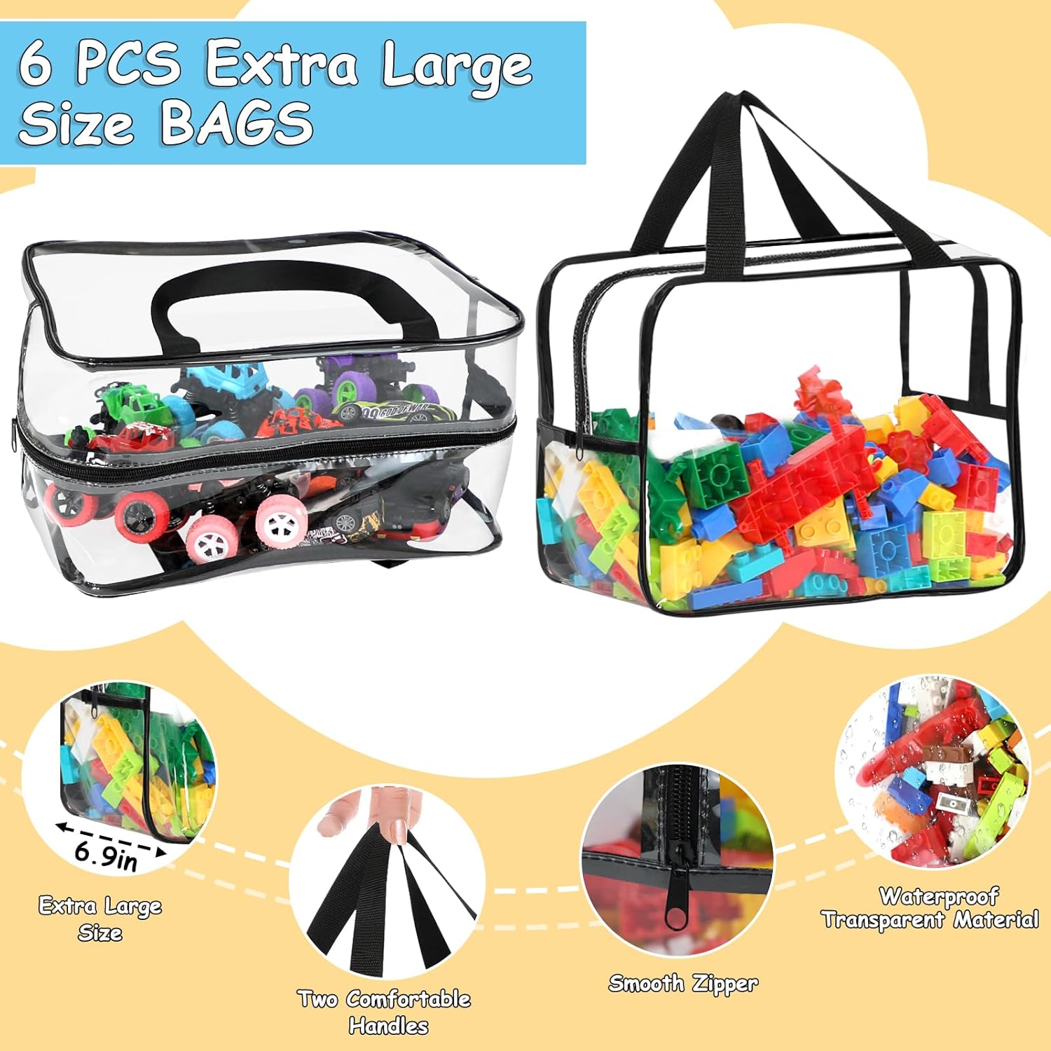 6 Packs Widen X-Large Toy Storage Bags 12.6×9.25×6.9In with Labels, Reusable Clear PVC Board Game