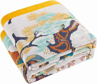 Fall Throw Blanket for Couch, Yellow Boho Decorative Throw Blanket, 100% Cotton Muslin Breathable