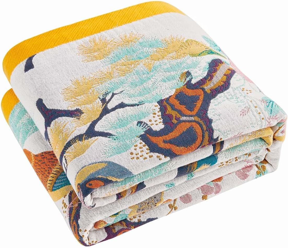 Fall Throw Blanket for Couch, Yellow Boho Decorative Throw Blanket, 100% Cotton Muslin Breathable