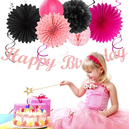 Hot-Pink Black Girls-Women Birthday Party-Decorations - 21pcs Baby Happy Banner, Paper Streamers
