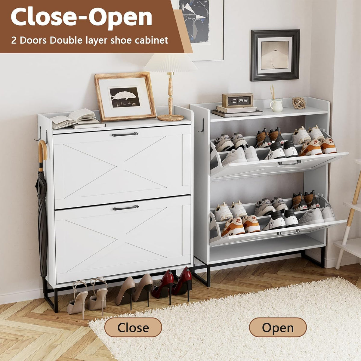 YIKEHOME Shoe Cabinet Storage for Entryway Hidden Shoes Storage Cabinet with 2 Rattan Flip Drawers