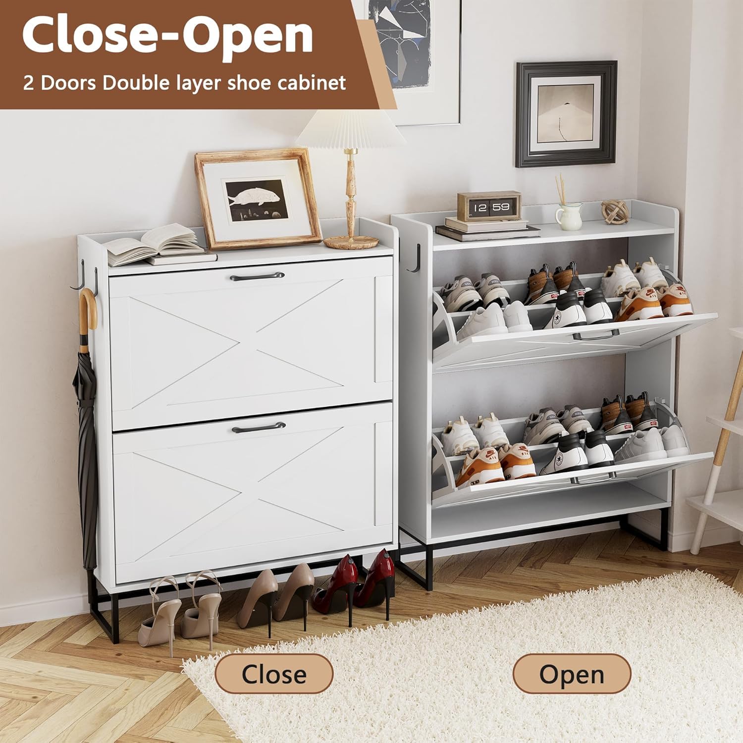 YIKEHOME Shoe Cabinet Storage for Entryway Hidden Shoes Storage Cabinet with 2 Rattan Flip Drawers