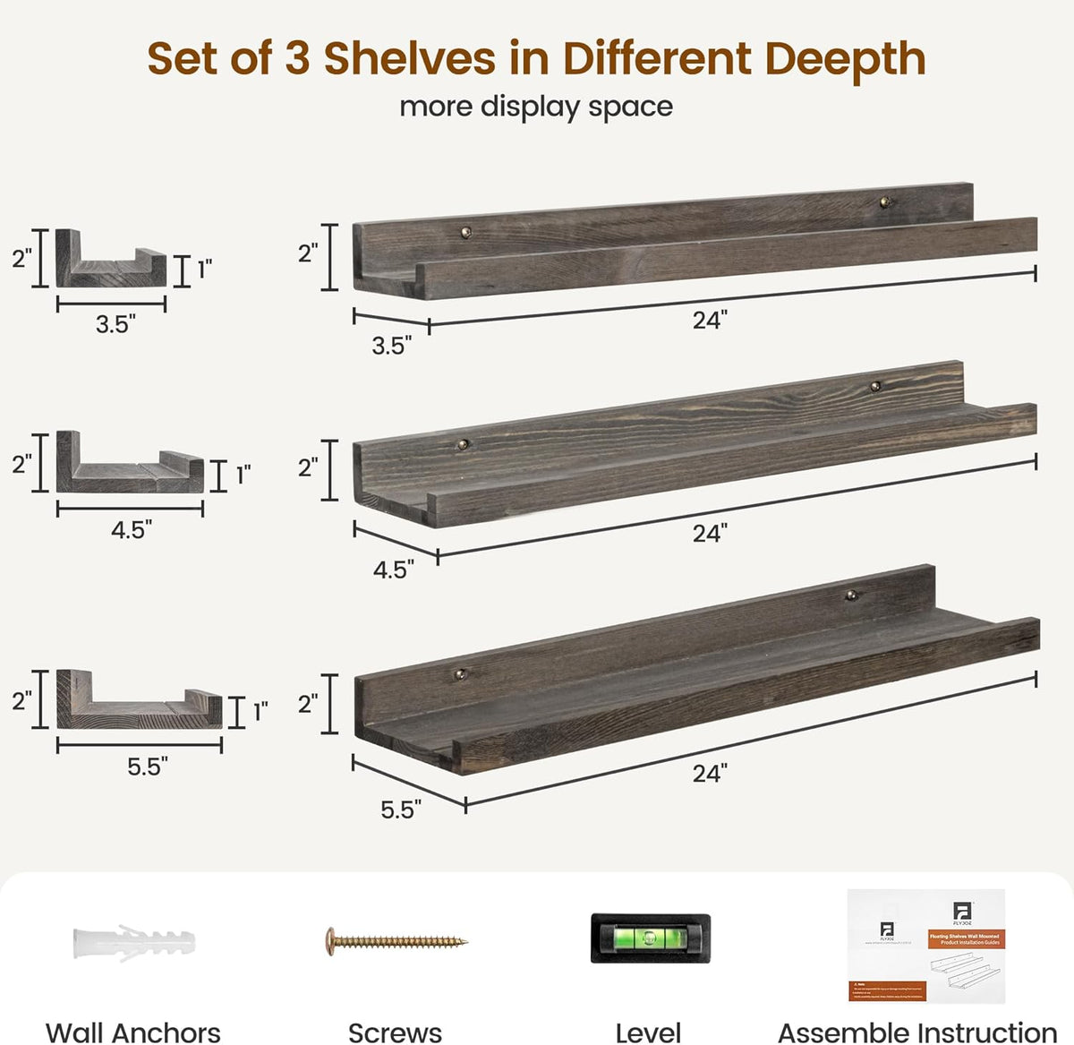 Picture Ledge Wall Shelves - 24 Inch Width Set of 3, Solid Pine Wood Rustic Floating Ledge Shelves