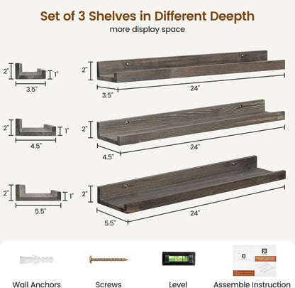 Picture Ledge Wall Shelves - 24 Inch Width Set of 3, Solid Pine Wood Rustic Floating Ledge Shelves