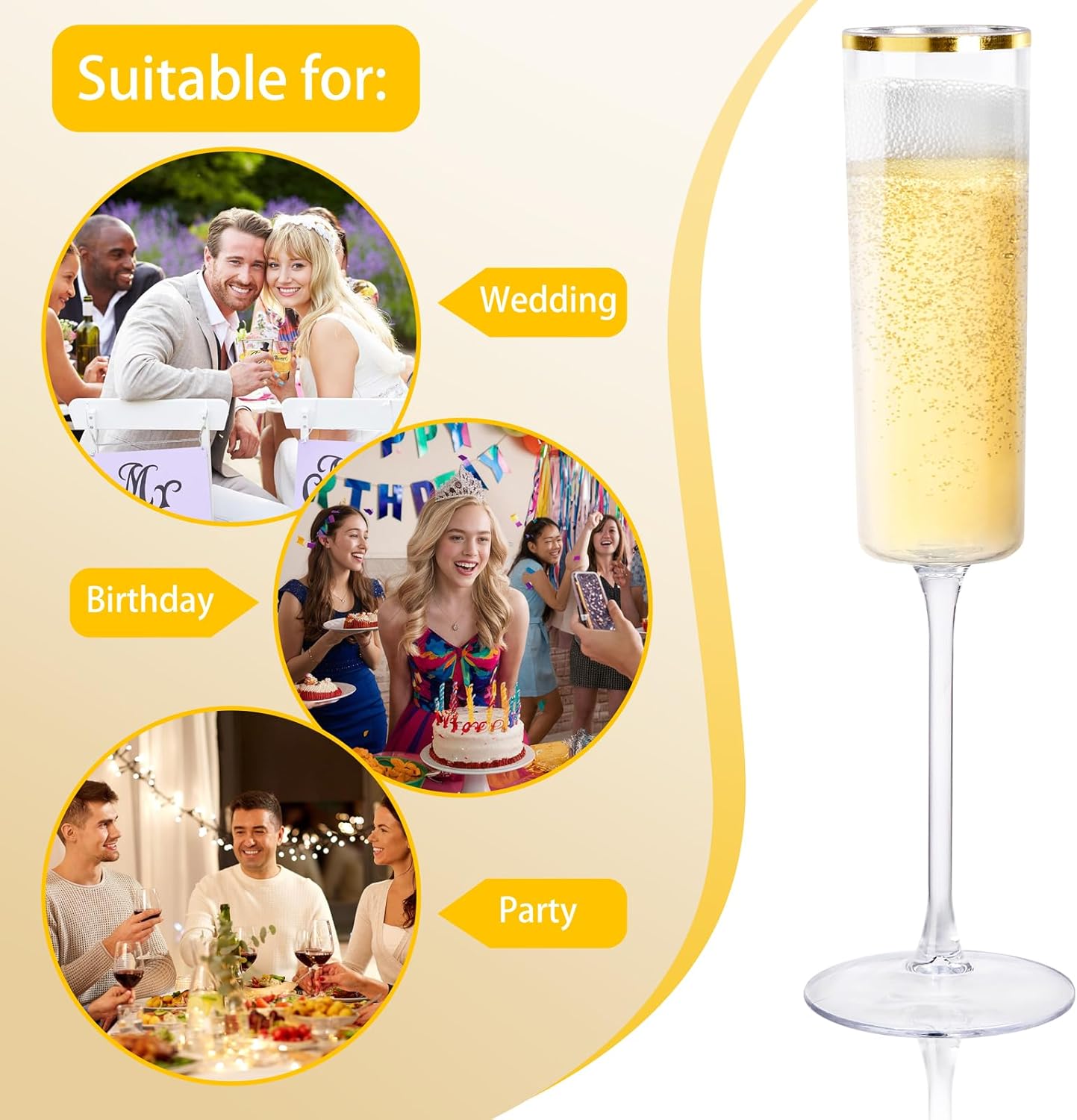 Ciaell 24 Pack Plastic Champagne Flutes - 6Oz Gold Rim Disposable Champagne Glasses - Square Clear