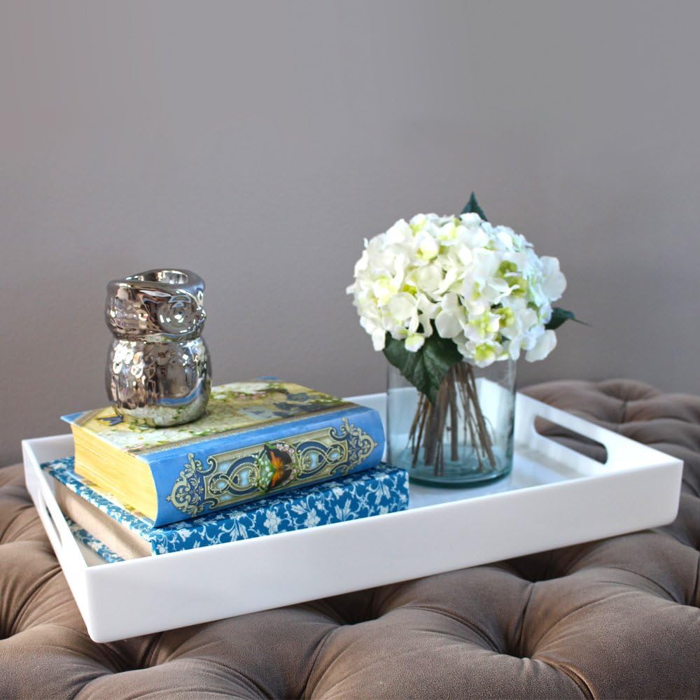 White Acrylic Serving Tray for Vanity, Bathroom, Ottoman, Organizer and Décor with Handles
