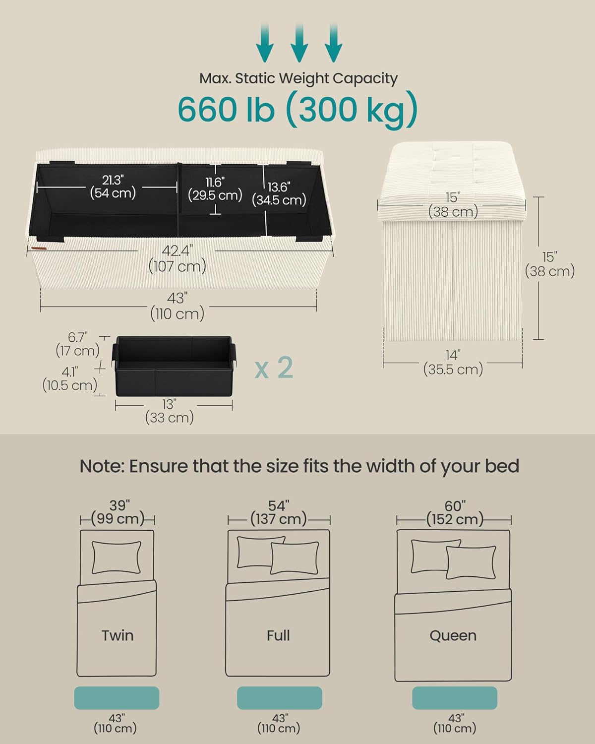 SONGMICS MAZIE Collection - Storage Ottoman Bench, Foldable Foot Rest, 15 x 43 x 15 Inches, End of