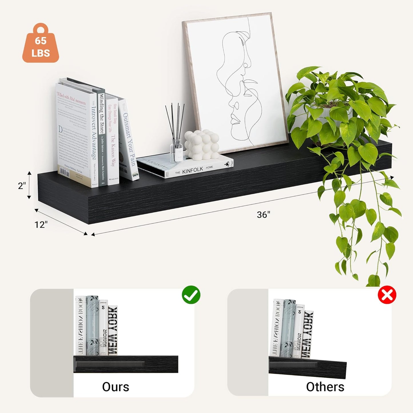 Heimlove 12" Deep Floating Shelves, 36 x 12 Inch Wall Mounted Long Floating Shelf with Invisible