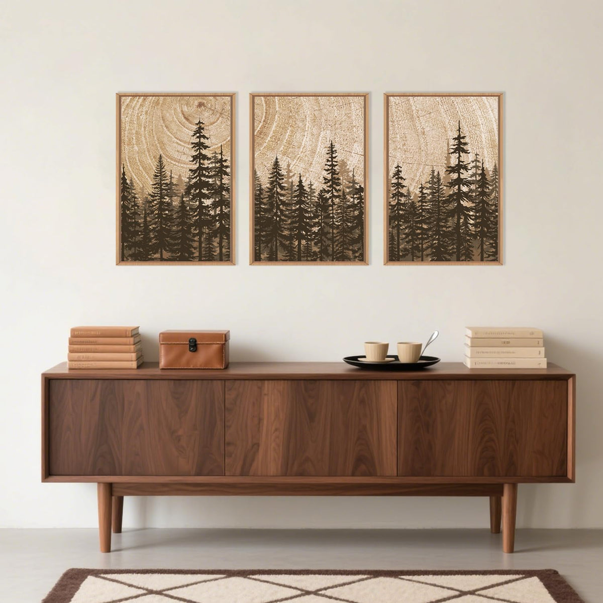 Celestdeco Pine Tree Framed Canvas Wall Art Set, Natural Woodland Landscape Wall Decor, Large Retro