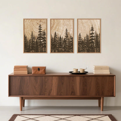 Celestdeco Pine Tree Framed Canvas Wall Art Set, Natural Woodland Landscape Wall Decor, Large Retro