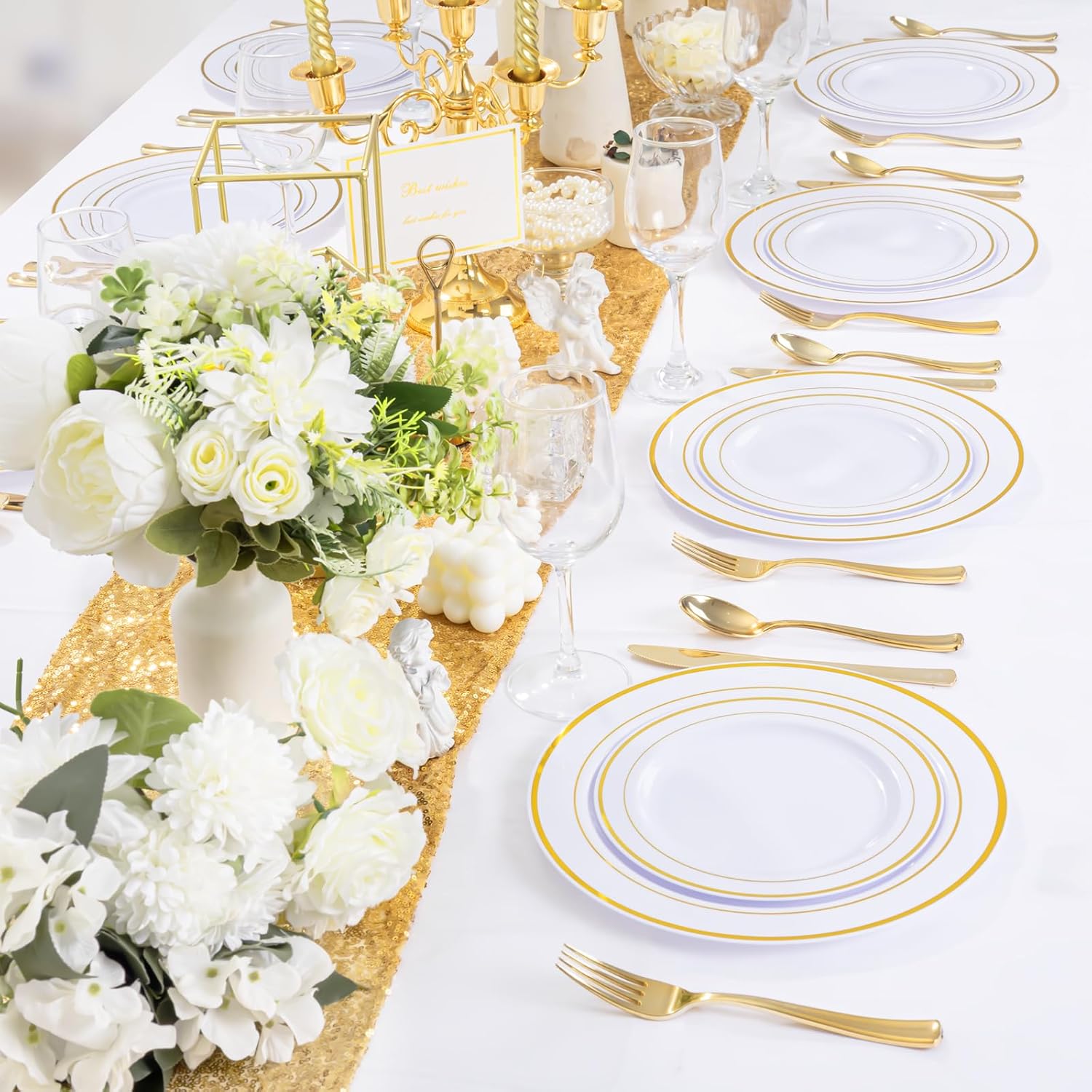 350 Pieces White and Gold Plastic Plates - 50 Guest Thanksgiving Dinnerware Set Include 100 Plates