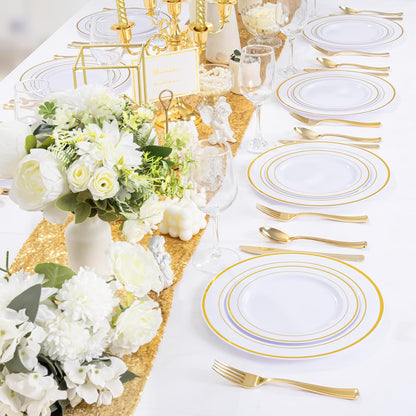 350 Pieces White and Gold Plastic Plates - 50 Guest Thanksgiving Dinnerware Set Include 100 Plates
