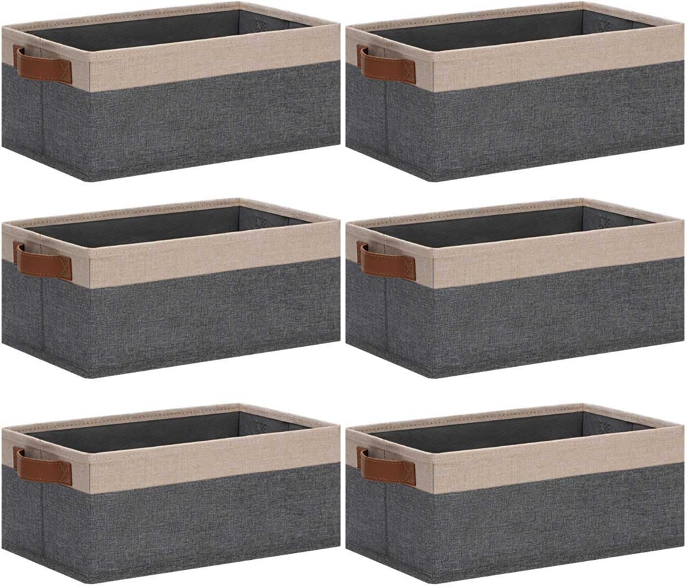 GhvyenntteS Small Fabric Storage Bins 6 Pack, 11.8" x 7.87" x 5.11" Storage Basket with Leather