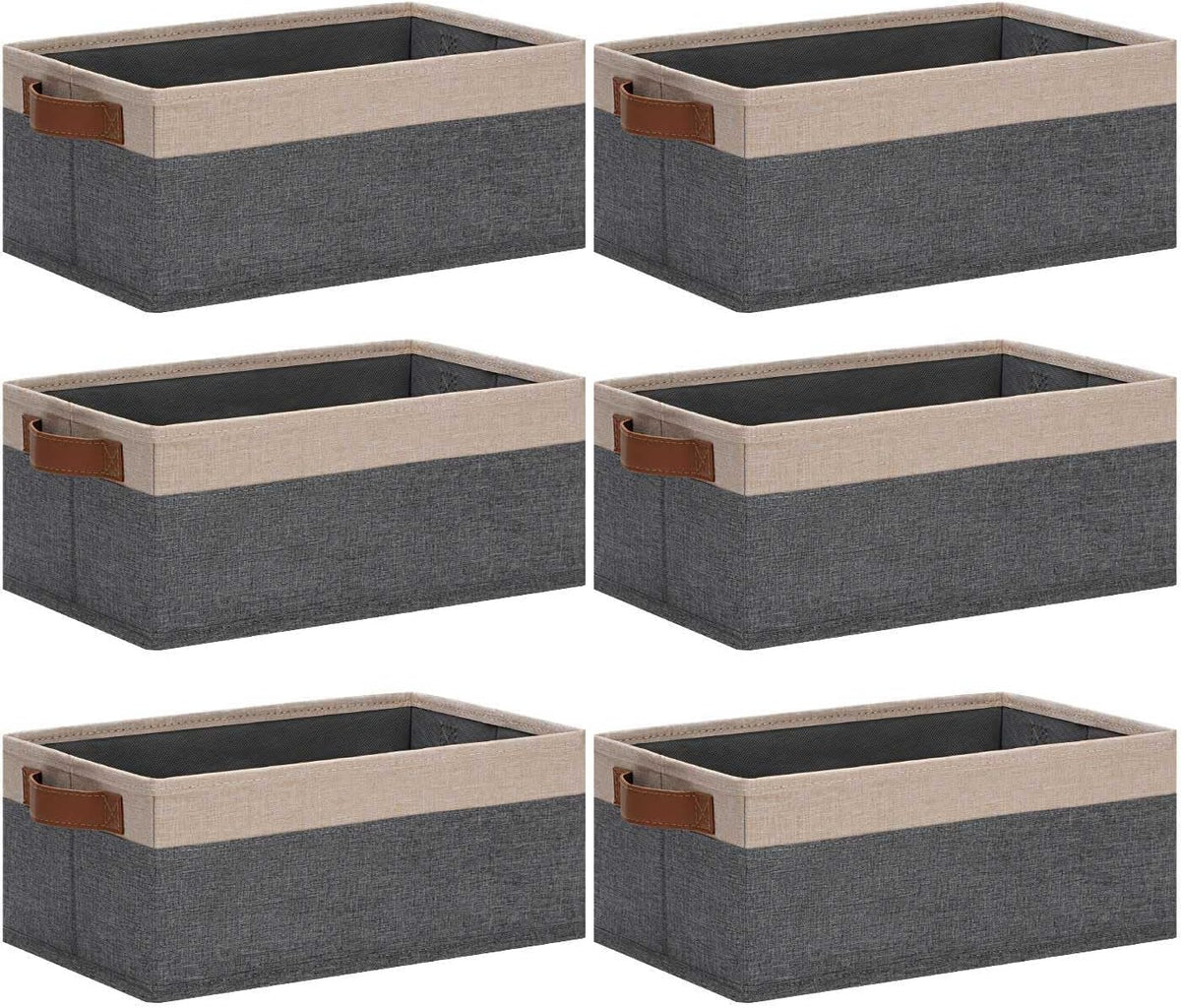 GhvyenntteS Small Fabric Storage Bins 6 Pack, 11.8" x 7.87" x 5.11" Storage Basket with Leather