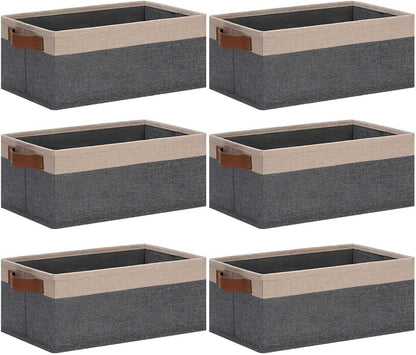GhvyenntteS Small Fabric Storage Bins 6 Pack, 11.8" x 7.87" x 5.11" Storage Basket with Leather
