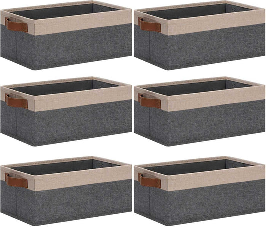 GhvyenntteS Small Fabric Storage Bins 6 Pack, 11.8" x 7.87" x 5.11" Storage Basket with Leather