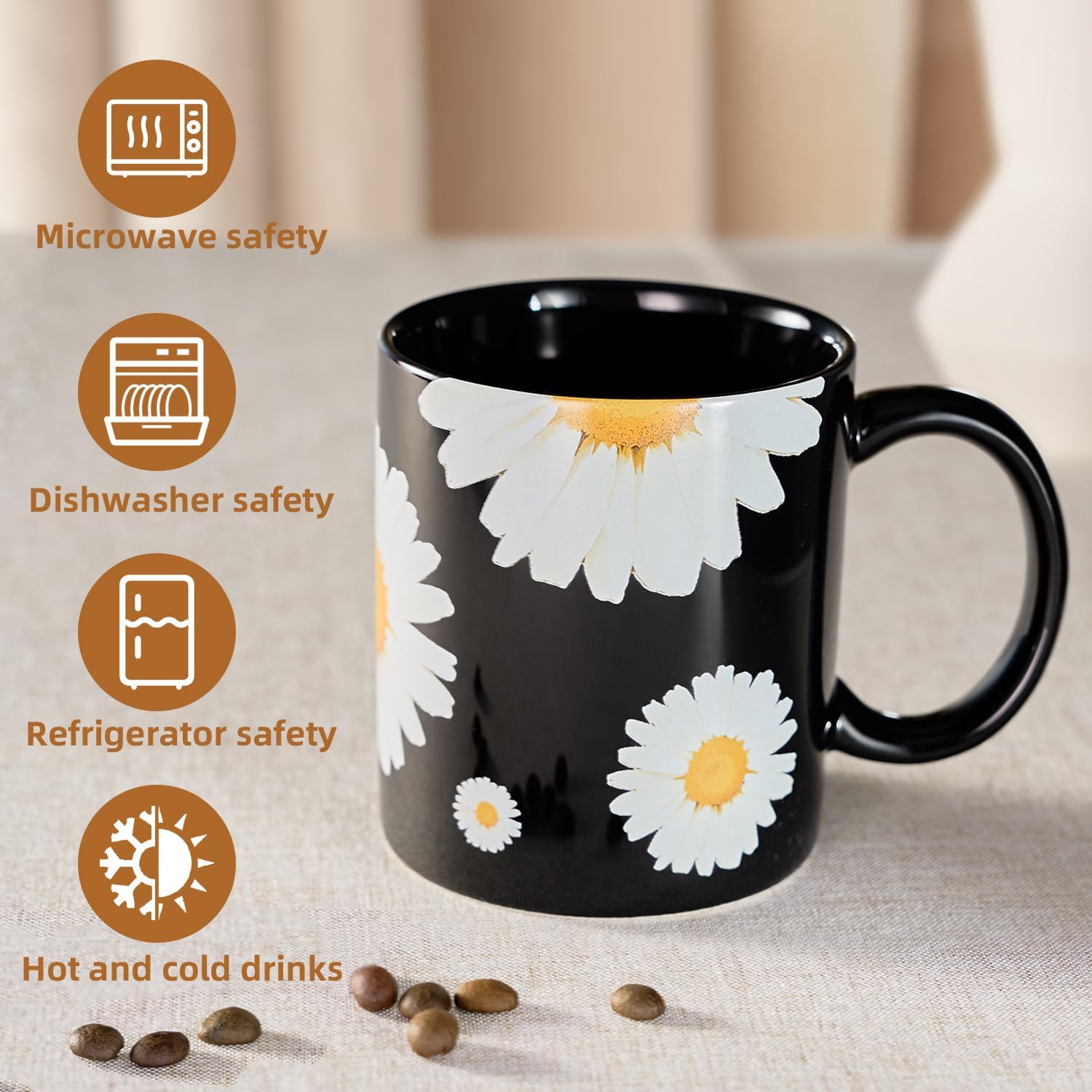 12Oz Daisy floral Black Ceramic Mug, Mug for Daily Coffee and Tea, Lead-free Microwave and
