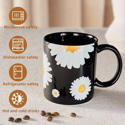 12Oz Daisy floral Black Ceramic Mug, Mug for Daily Coffee and Tea, Lead-free Microwave and
