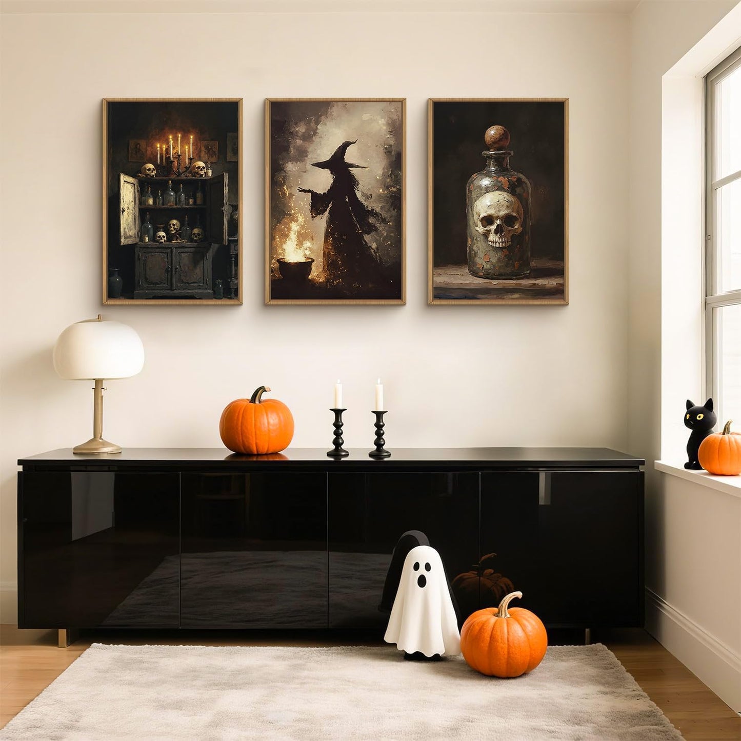 HPNIUB Halloween Witch Framed Canvas Wall Art Set, Terrifying Skeleton Poster Artwork, Vintage