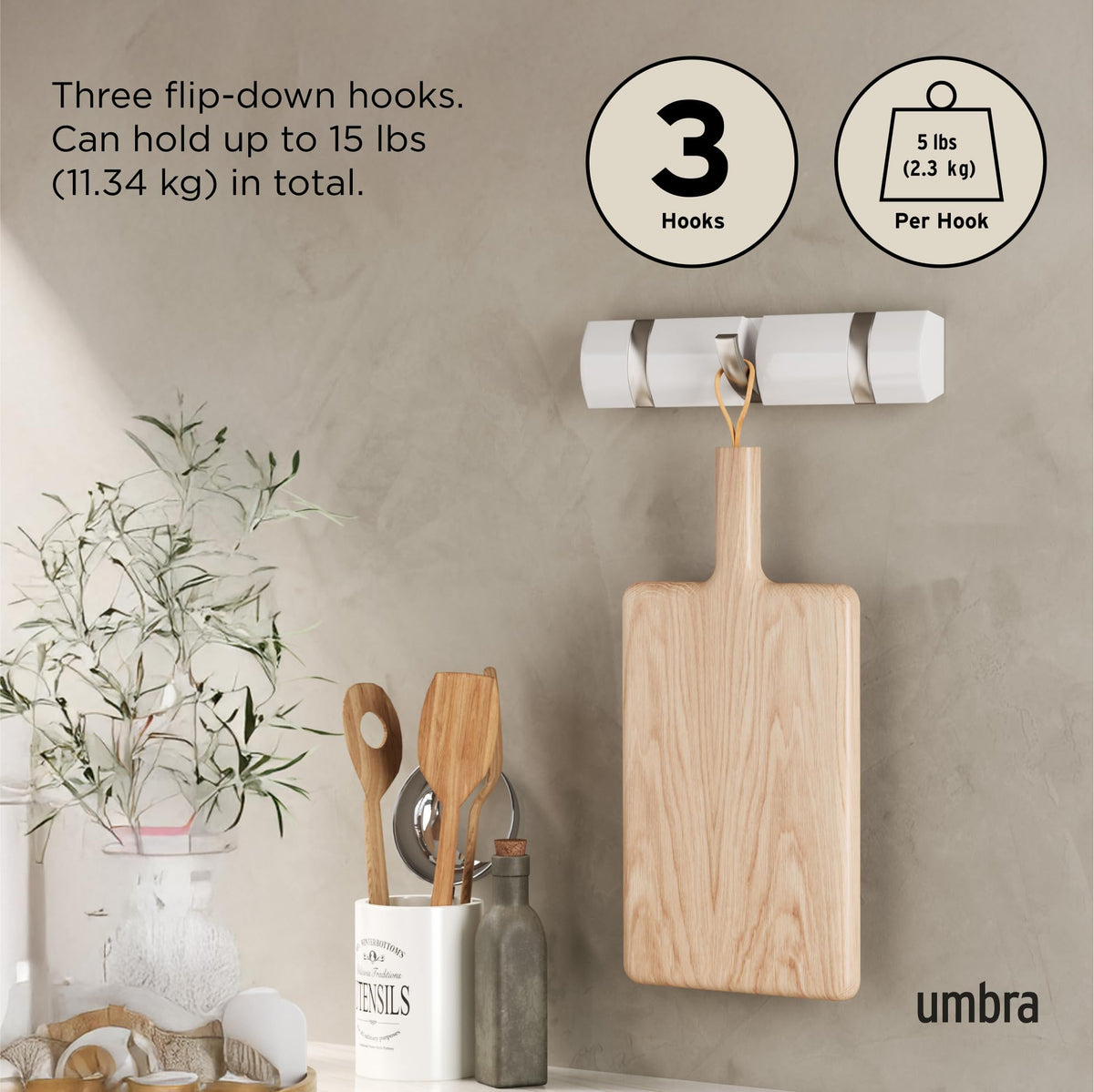 Umbra Flip Coat Rack, Wall Mount Retractable Hooks, 3-Hook, White/Nickel