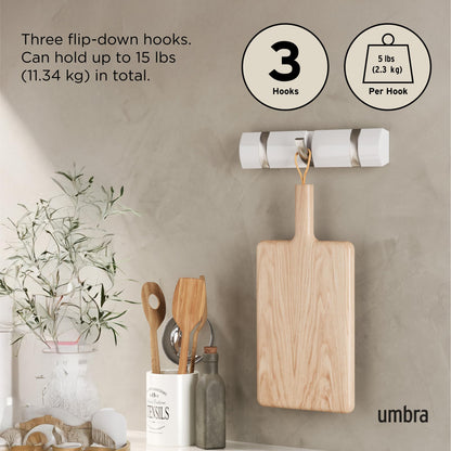 Umbra Flip Coat Rack, Wall Mount Retractable Hooks, 3-Hook, White/Nickel