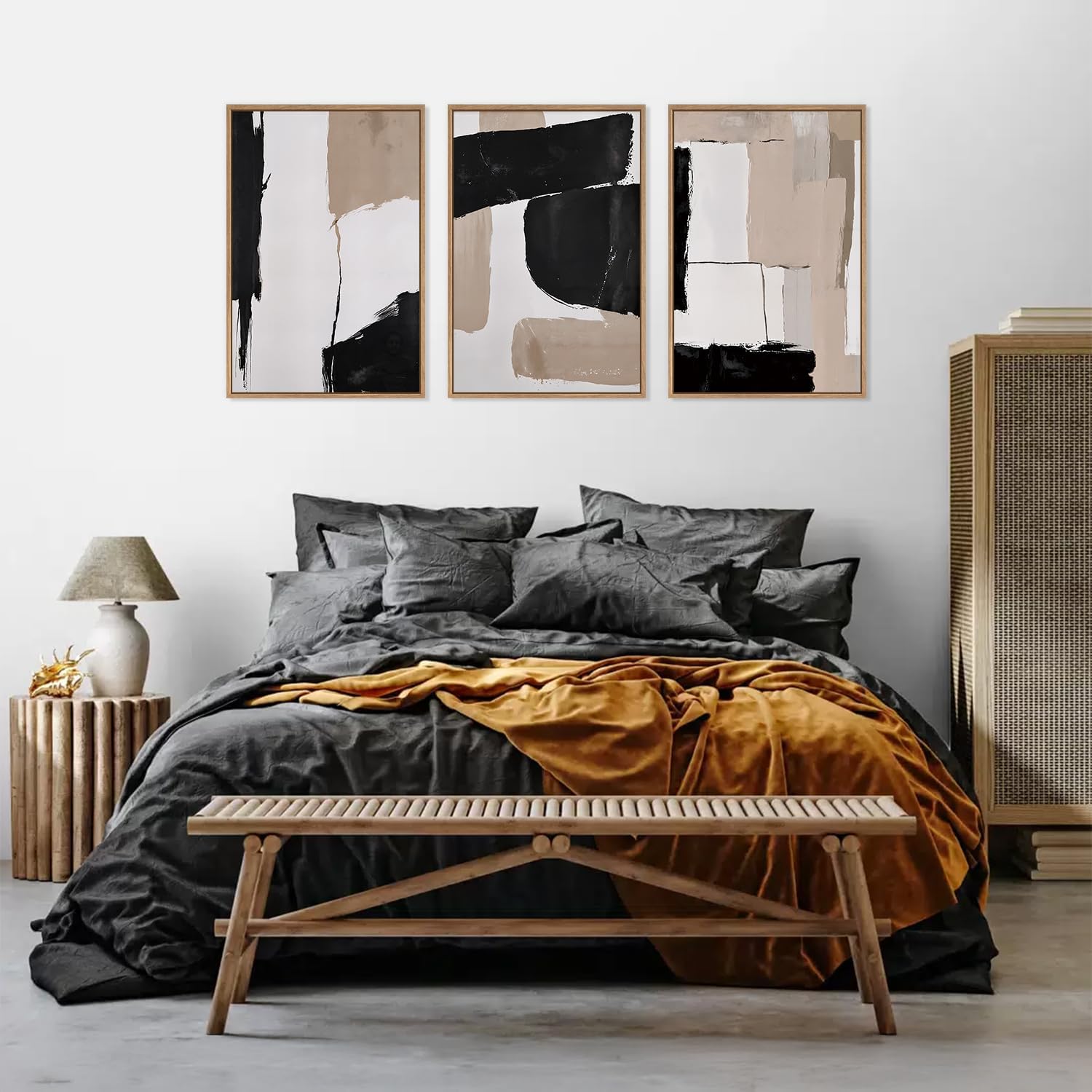HLNIUC Large Framed Neutral Abstract Canvas Wall Art,Black and White Abstract Wall Decor Set of
