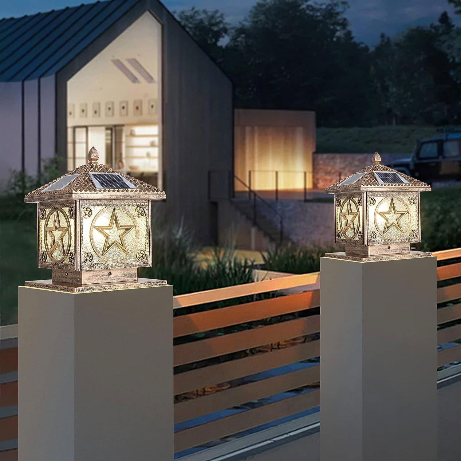 SLAWA Outdoor Solar Post Cap Light 9.8In Bronze Column Lights Square Waterproof Landscape Lighting
