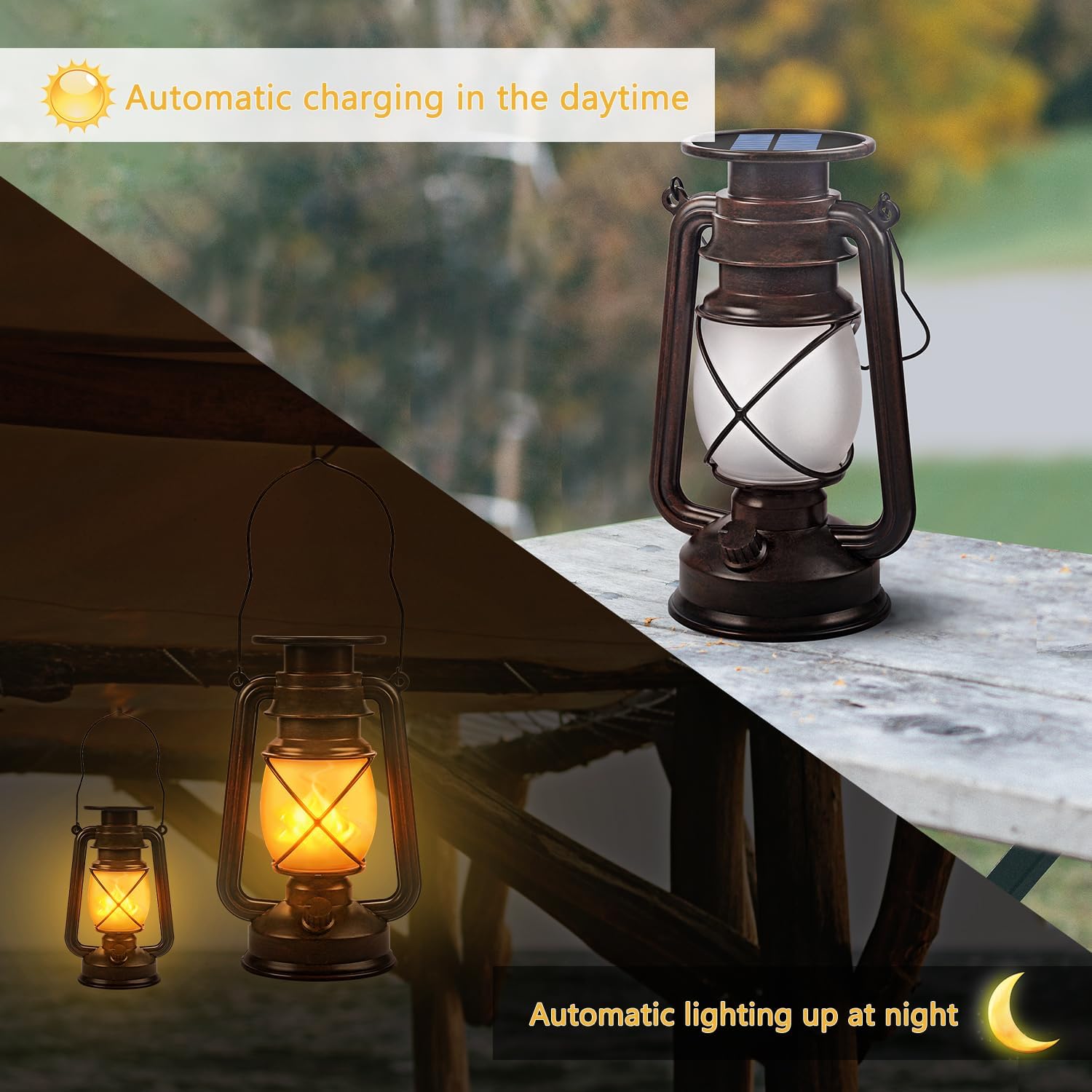 Solar Lantern Outdoor Hanging Solar Lights Dancing Flame Led Waterproof Camping Lamps, Landscape