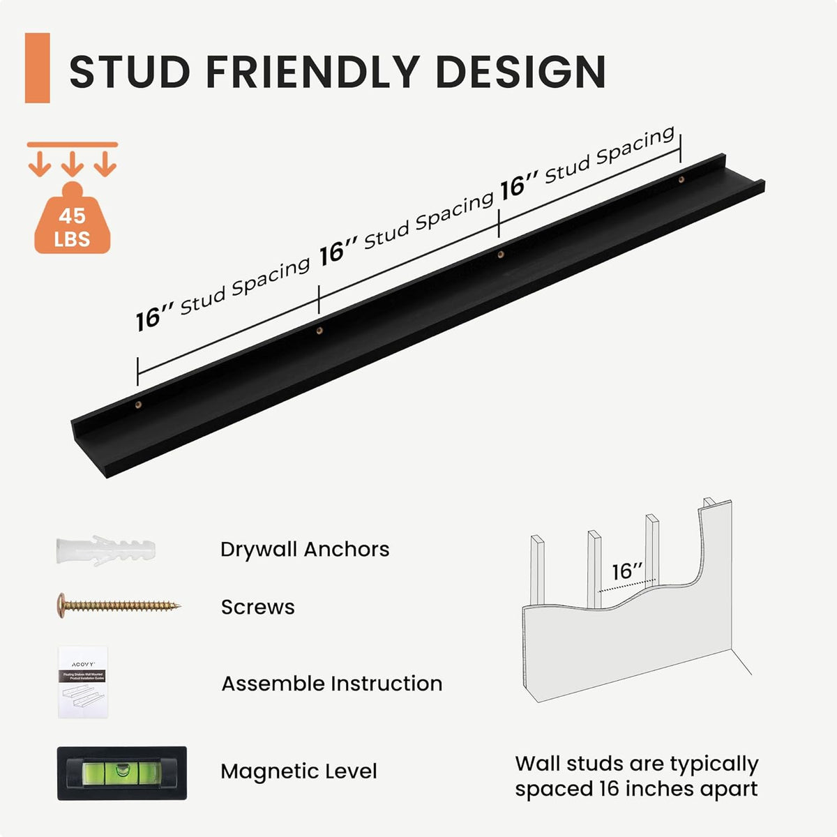 Solid Ash Wood Picture Ledge Shelf, Floating Shelves Set of 2, 56 Inch Long Large Ledge Shelves