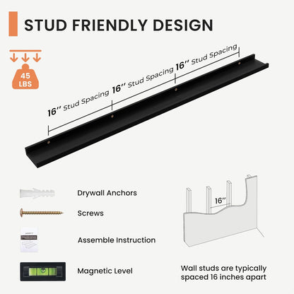Solid Ash Wood Picture Ledge Shelf, Floating Shelves Set of 2, 56 Inch Long Large Ledge Shelves