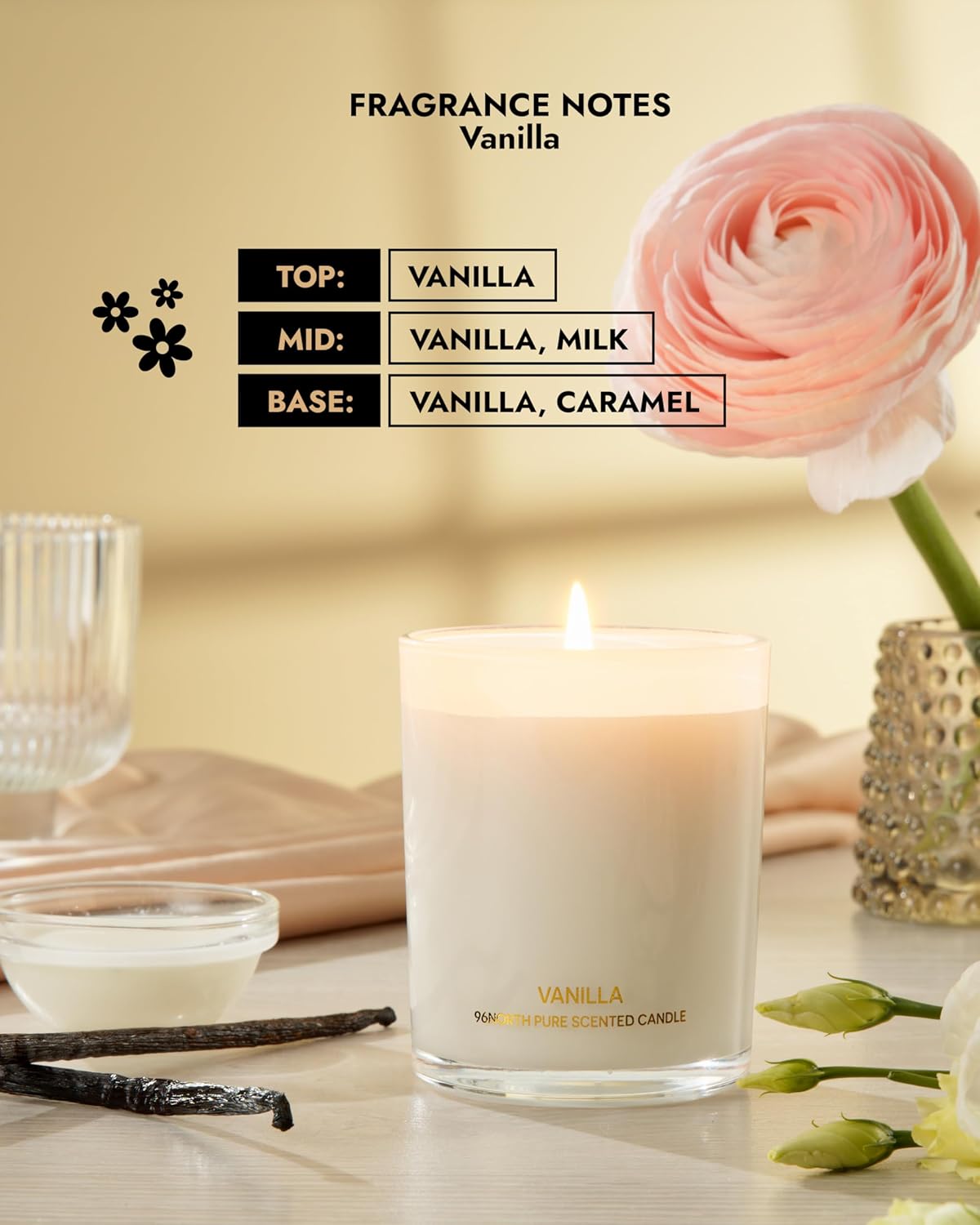 96NORTH | Pure Vanilla Candle | 100% Natural Soy Wax | One Wick Jar Candle | Natural Fragrance
