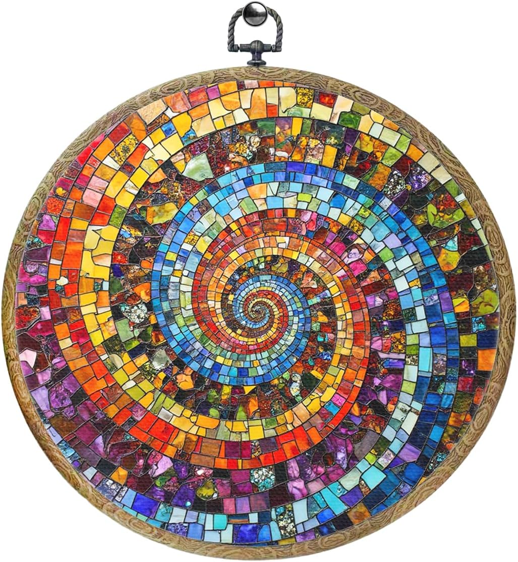 Colorful Glass Style Colorful Geometric Decoration Gift for Art Lovers Framed Round Wall Decor