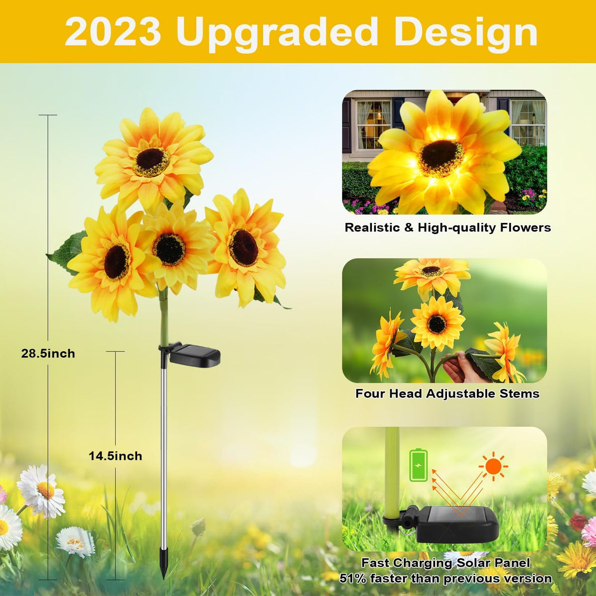 Outdoor Solar Garden Stake Lights,Upgraded LED Solar Powered Light with 3 Sunflower, Waterproof