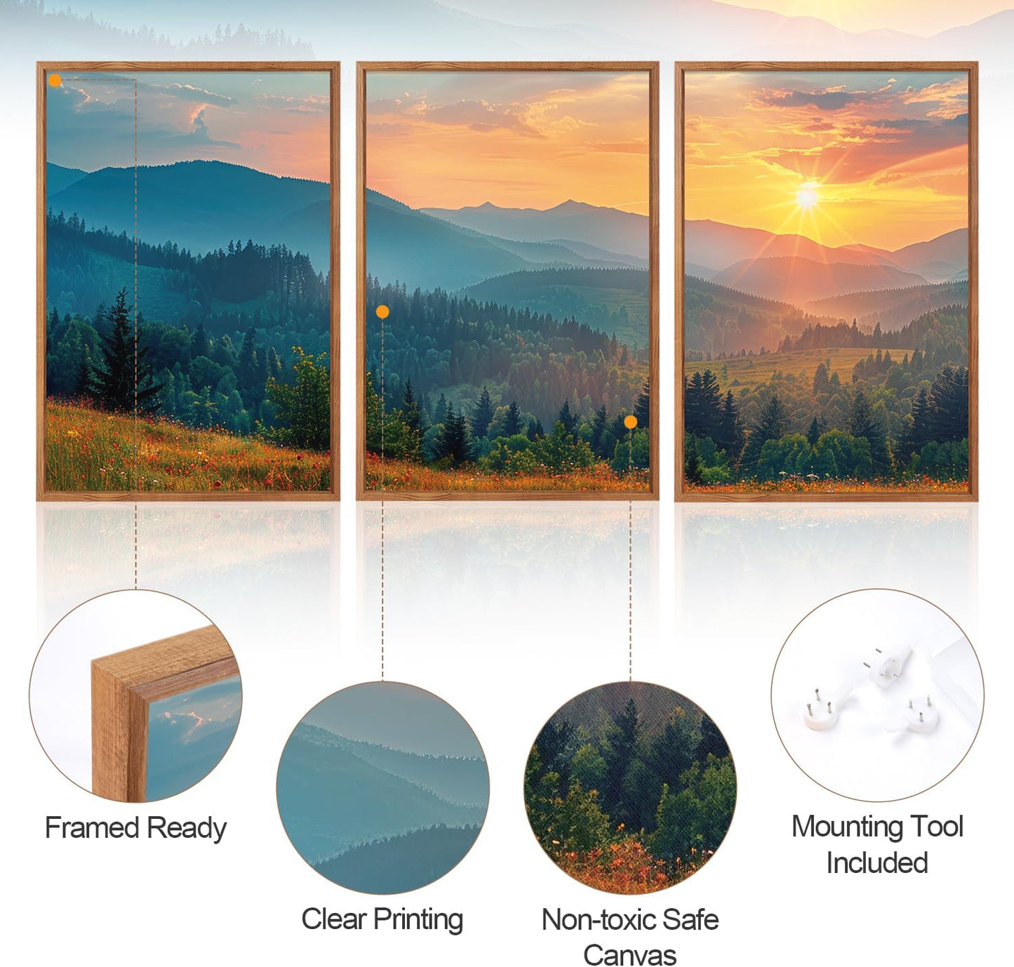 Aurlan Boho Mountain Sunset Landscape Framed Wall Art(16"x24"), 3PCS Green Blue Ridge Grand Teton
