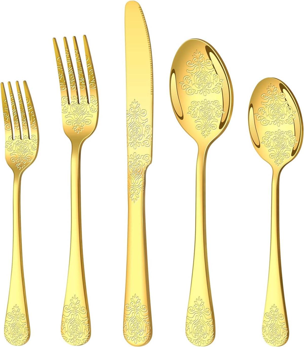 20 Pcs Gold Silverware Set for 4 with Classical Flower Embossed Design, Food Grade Stainless Steel
