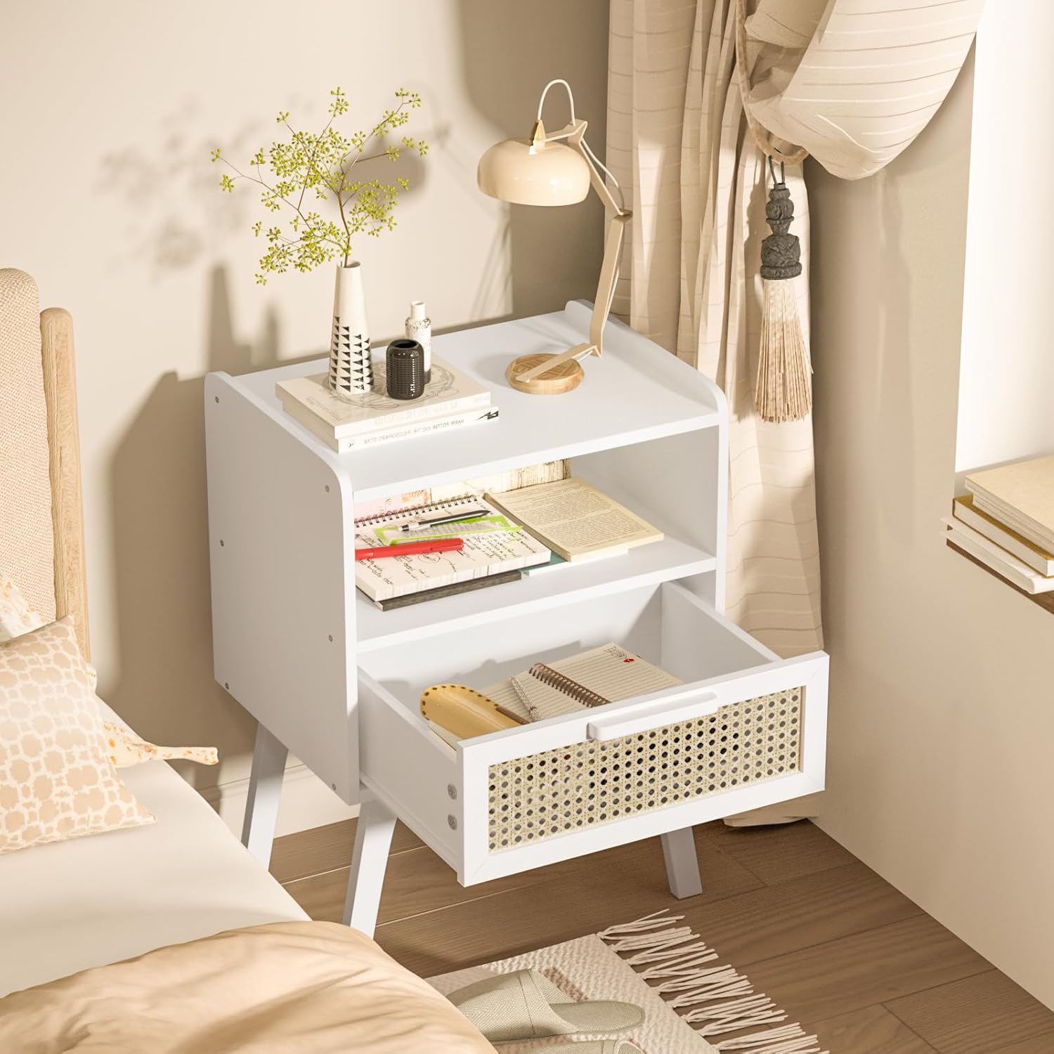 Lerliuo Rattan Nightstand, Bedside Table with Drawer Open Shelf, Cane Accent Side End Table with
