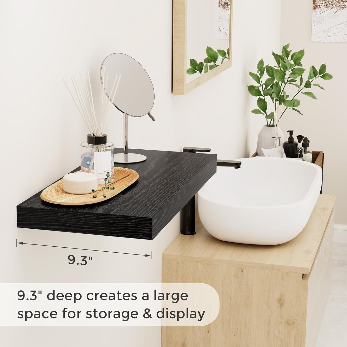 Fun Memories Black Floating Shelves 16 Inch Long, 9 Inch Deep Wall Shelf for Bathroom, 16 x 9