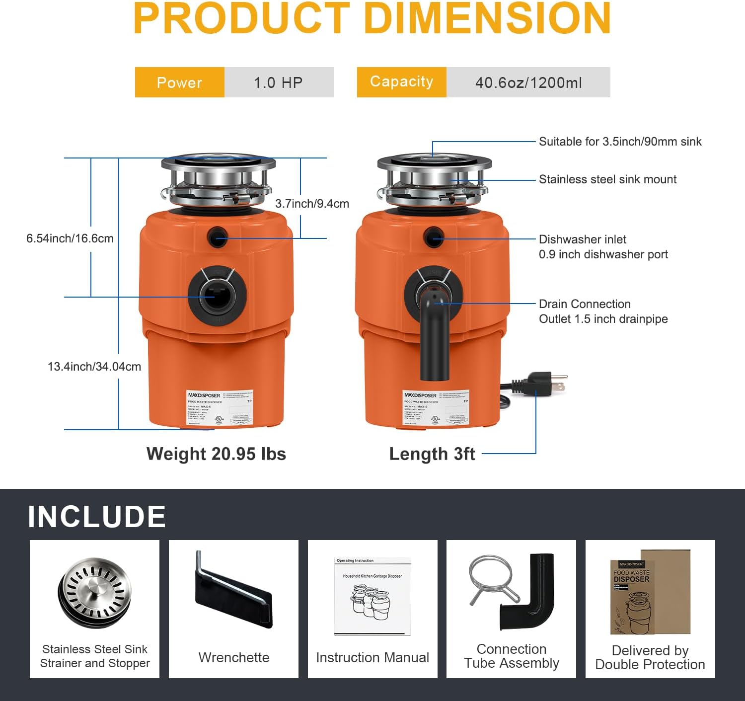 Garbage Disposal 1 HP Ultra Quiet Intelligent Auto-Reverse Function Continuous Feed Food Waste
