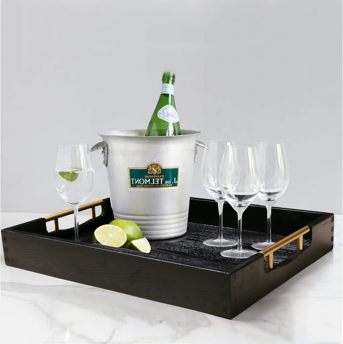 LotFancy Wood Serving Tray, 17x13”, Large Ottoman Tray with Metal Handles, Decorative Wooden Tray