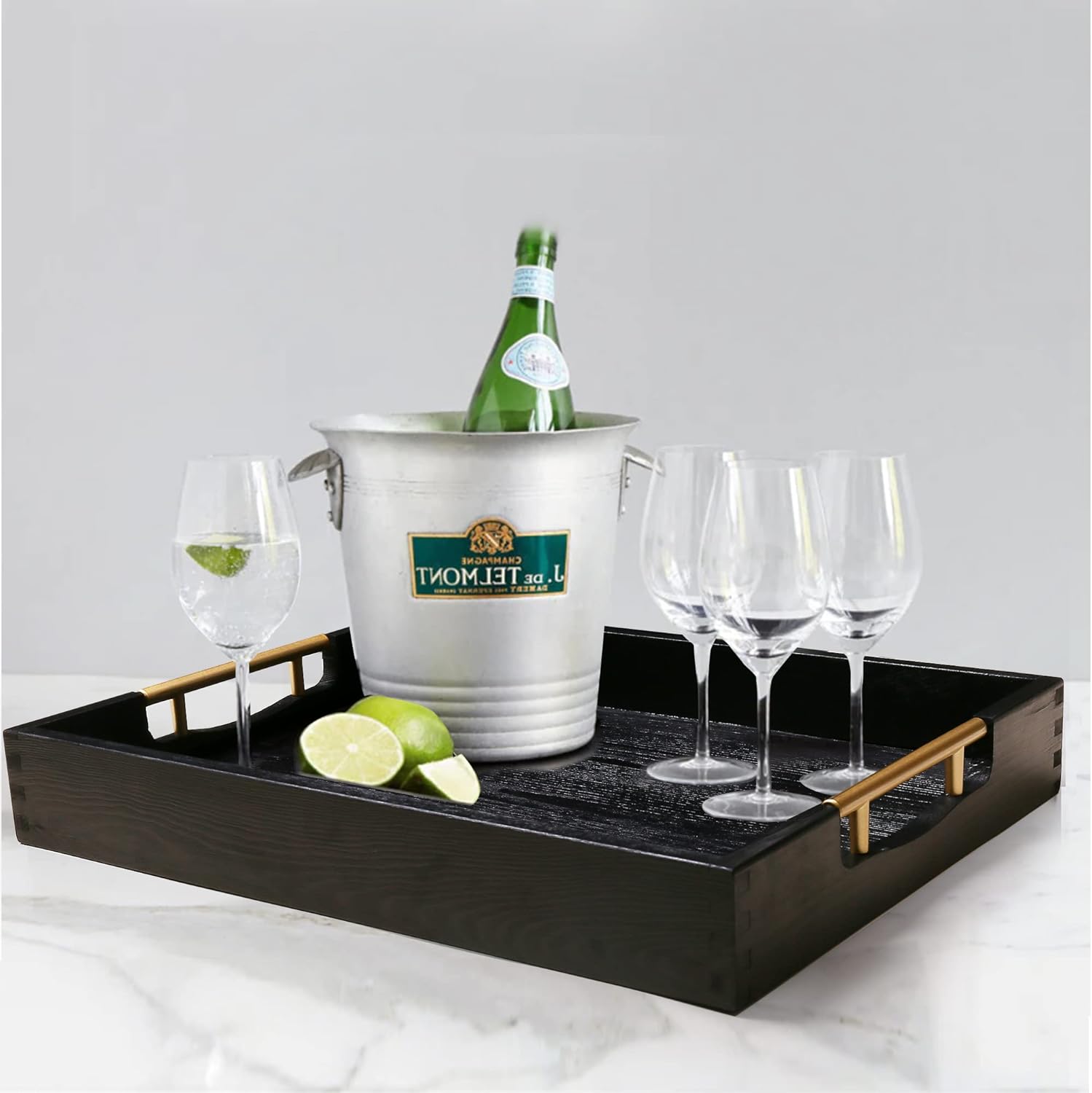 LotFancy Wood Serving Tray, 17x13”, Large Ottoman Tray with Metal Handles, Decorative Wooden Tray