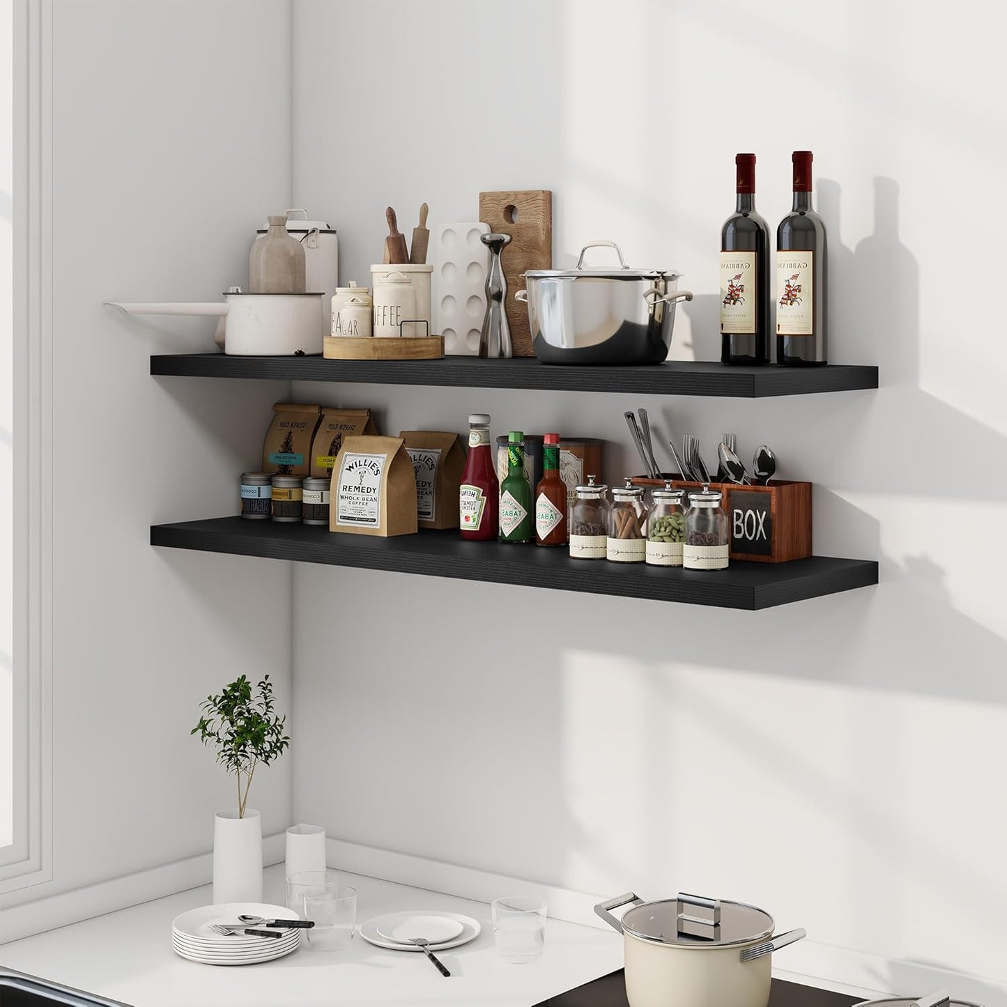 48" Floating Shelves for Wall, 12" Deep Slim Black Floating Shelves, Wall-Mounted Shelves for