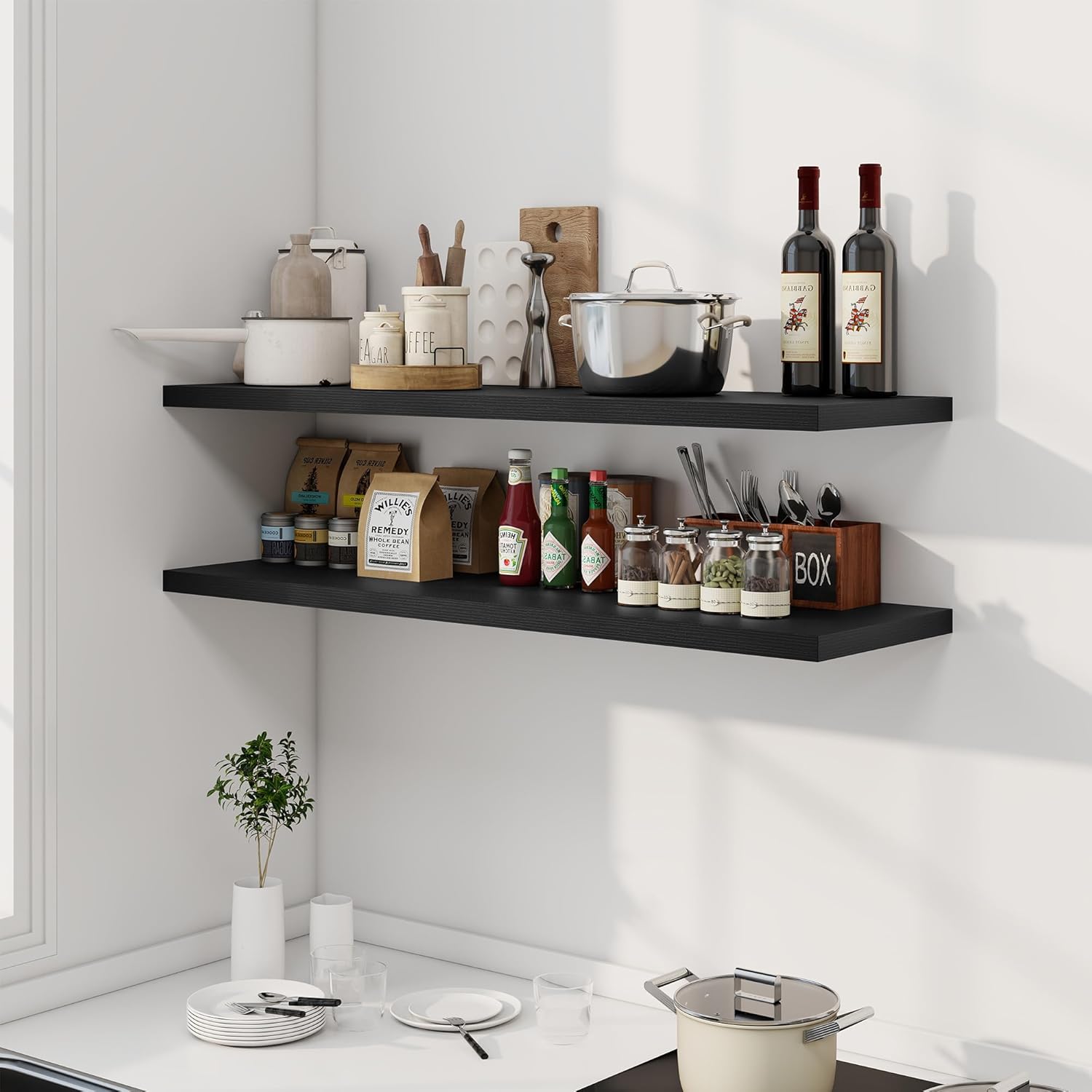 48" Floating Shelves for Wall, 12" Deep Slim Black Floating Shelves, Wall-Mounted Shelves for