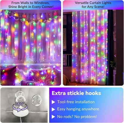HXWEIYE 300LED Multicolor Fairy Curtain Lights with Remote 8 Modes Timer for Bedroom, 9.8x9.8Ft USB