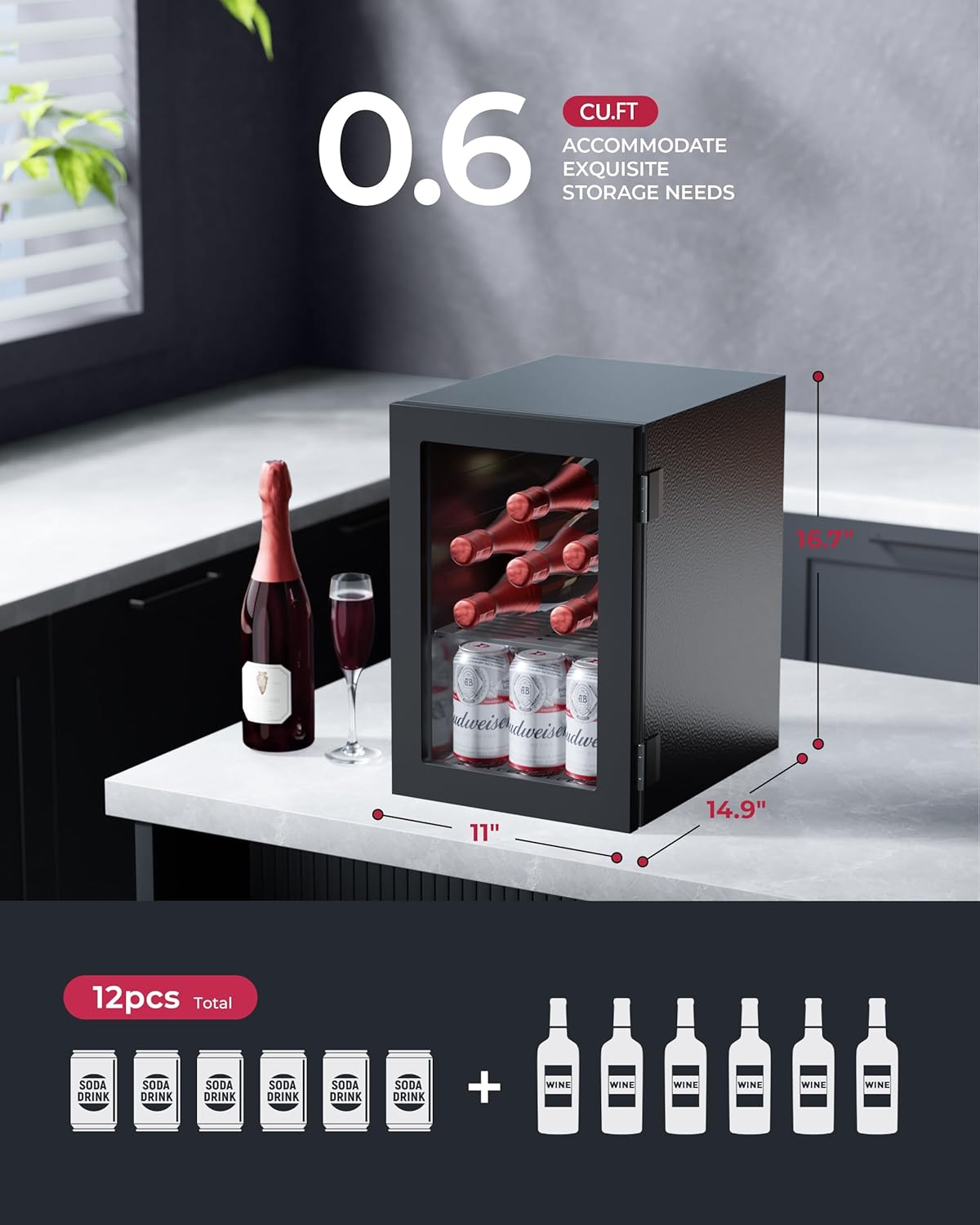 6 Bottles and 6 Cans Compact Beverage Refrigerator, Freestanding Mini Fridge with Temperature