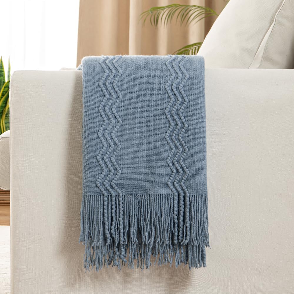 MIULEE Dusty Blue Cozy Knitted Throw Blanket for Couch Textured Knit Blanket with Tassels Woven
