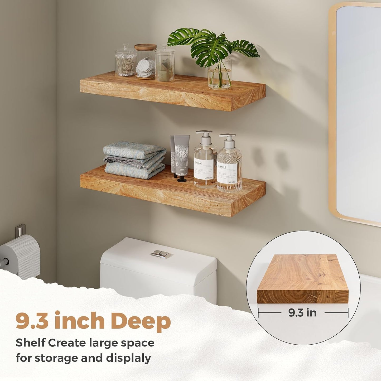 RICHFOCUS Elm Floating Shelves for Wall - 24" W x 9.3" D Rustic Solid Wood Shelves with Invisible
